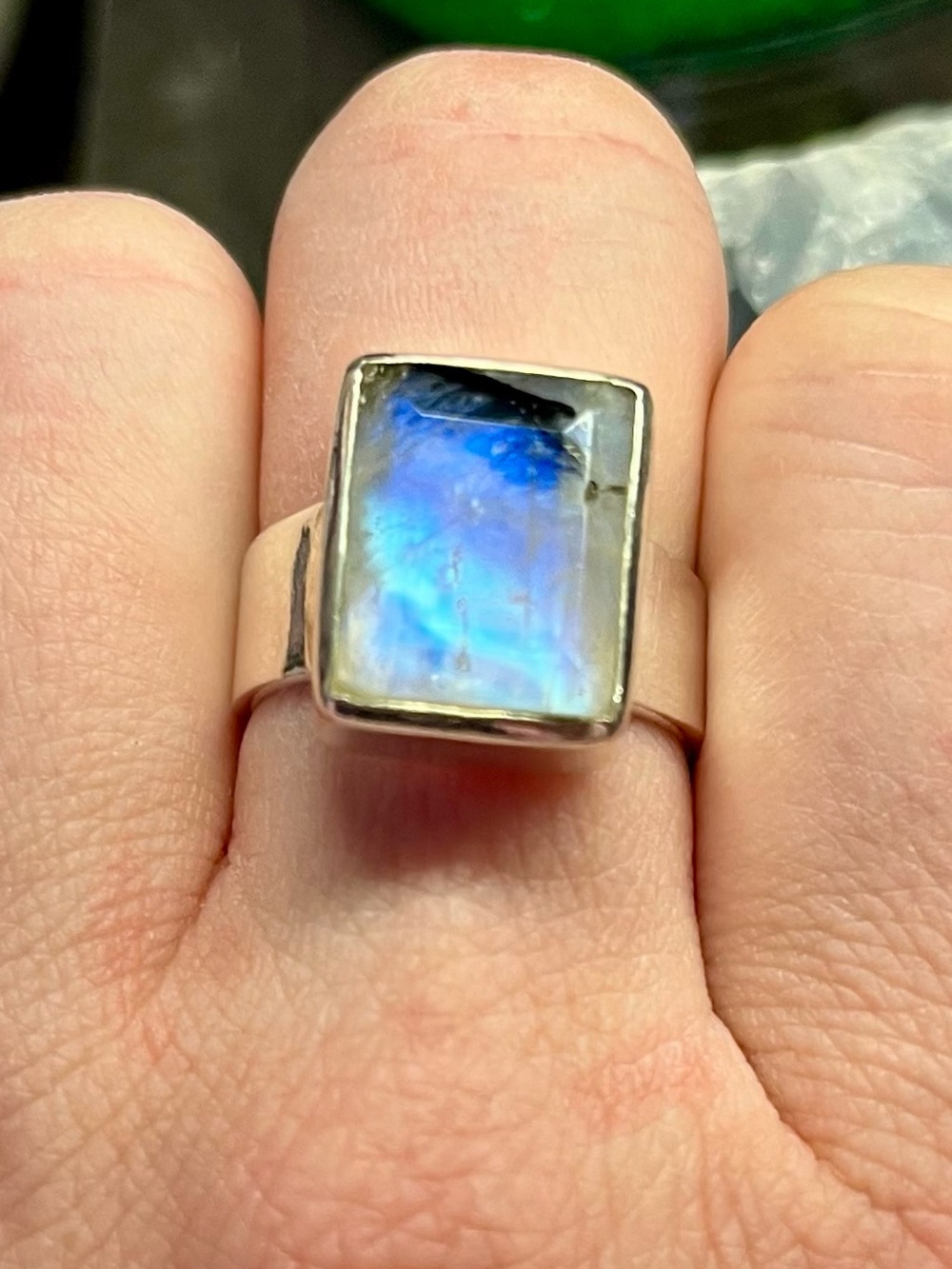 Faceted 925 Silver rainbow Moonstone black tourmaline Ring Blue 11x15mm size 9